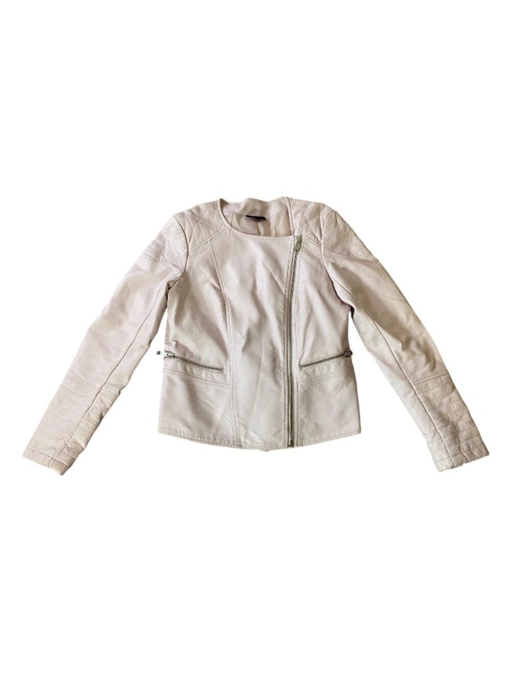 Faux Leather Moto Jacket Quilted Sleeves Asymmetrical Zip Closure Light Pink XS